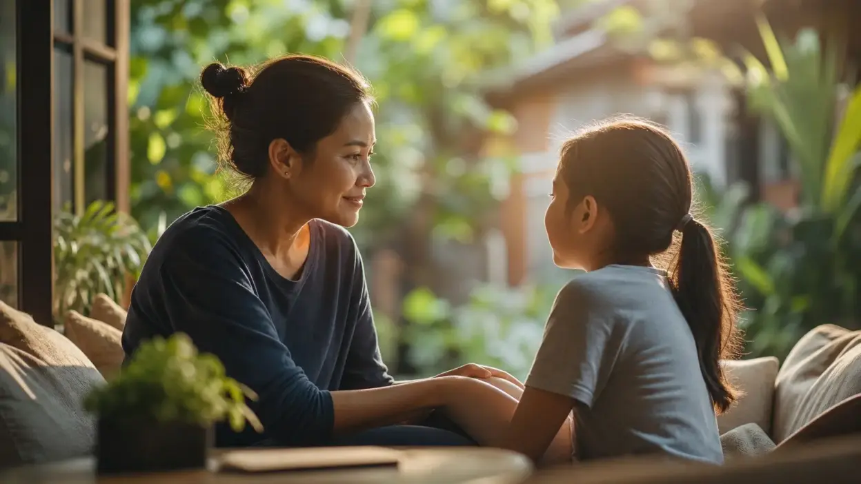 Orang tua berdiskusi hangat dengan remaja tentang pilihan tidak pacaran di sekolah dari sudut psikologi anak remaja