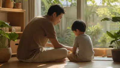 Orang tua menenangkan anak usia dini yang sedang emosional di ruang keluarga dengan suasana hangat dan aman