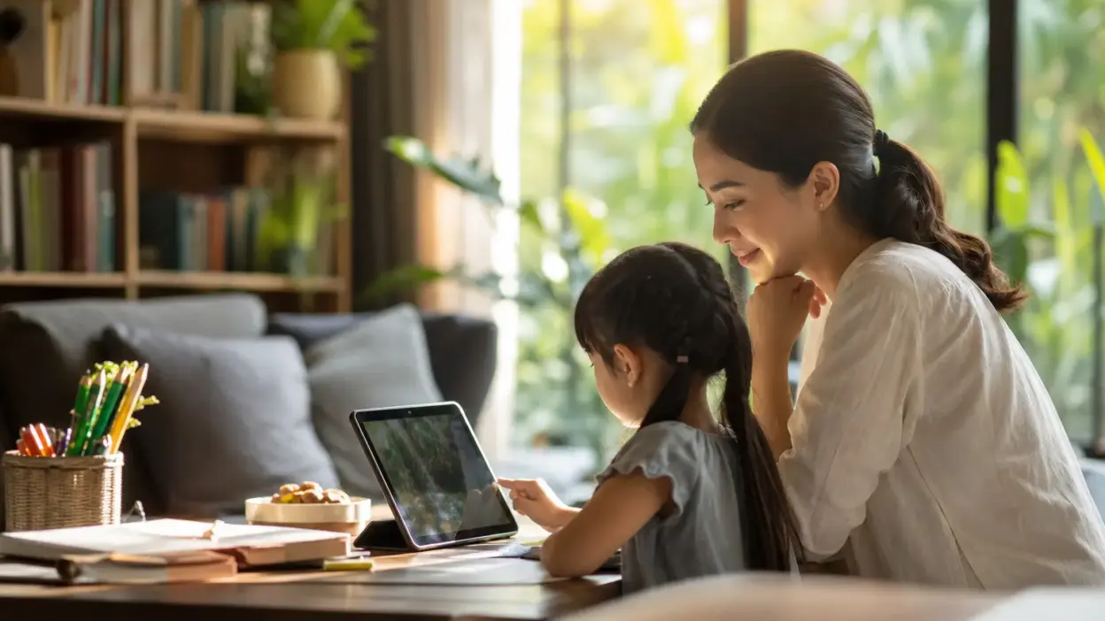 Orang tua mendampingi anak belajar di rumah sambil mengatur screen time secara seimbang