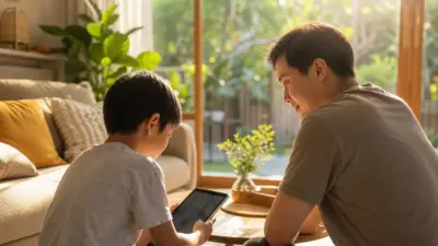 Orang tua berdiskusi tenang dengan anak usia remaja awal tentang penggunaan media sosial dan screen time di ruang keluarga yang hangat