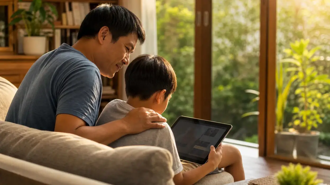 Orang tua berdiskusi hangat dengan remaja tentang screen time anak dan penggunaan media sosial di ruang keluarga