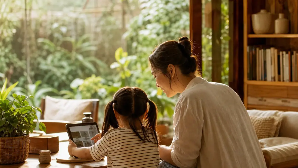 Orang tua dan anak remaja berdiskusi hangat tentang screen time dan media sosial di ruang keluarga