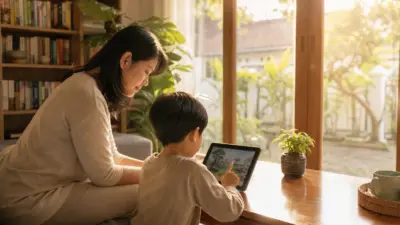 Orang tua mendampingi anak mengatur screen time untuk belajar dan istirahat di rumah