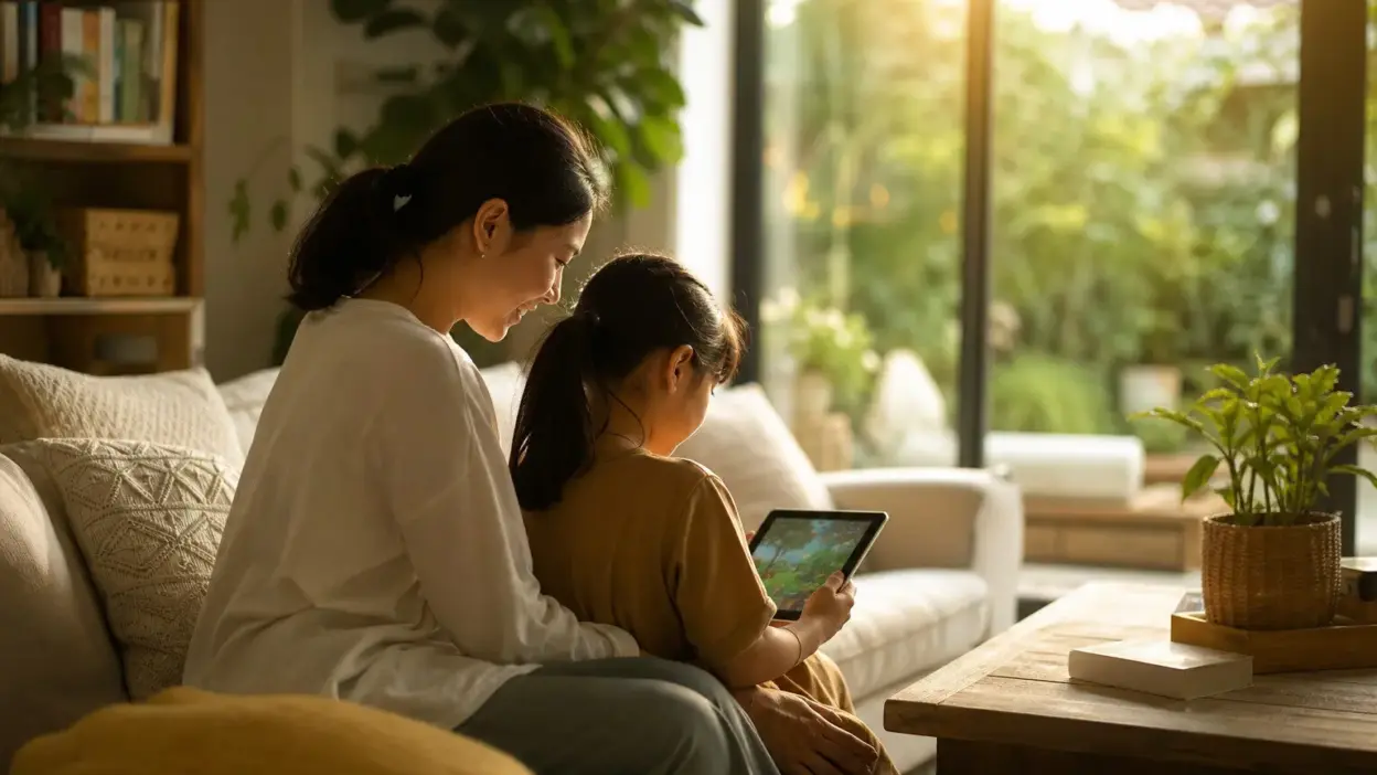 Orang tua dan anak berdiskusi tenang tentang aturan screen time di lingkungan belajar modern
