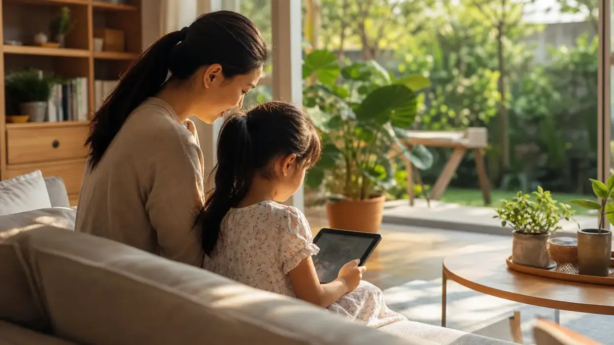 Orang tua dan remaja berdiskusi hangat tentang screen time anak di ruang keluarga yang terang dan nyaman