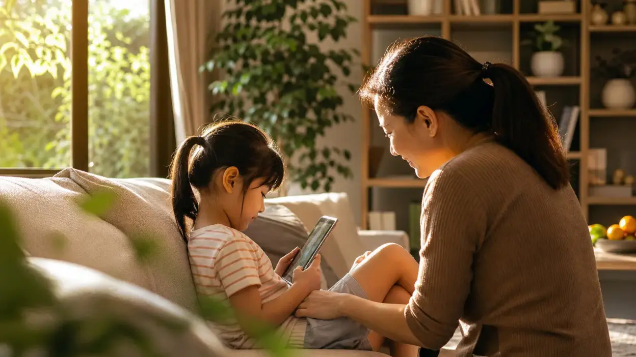 Orang tua berdiskusi hangat dengan anak tentang screen time dan media sosial di ruang keluarga yang nyaman
