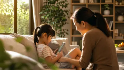Orang tua berdiskusi hangat dengan anak tentang screen time dan media sosial di ruang keluarga yang nyaman