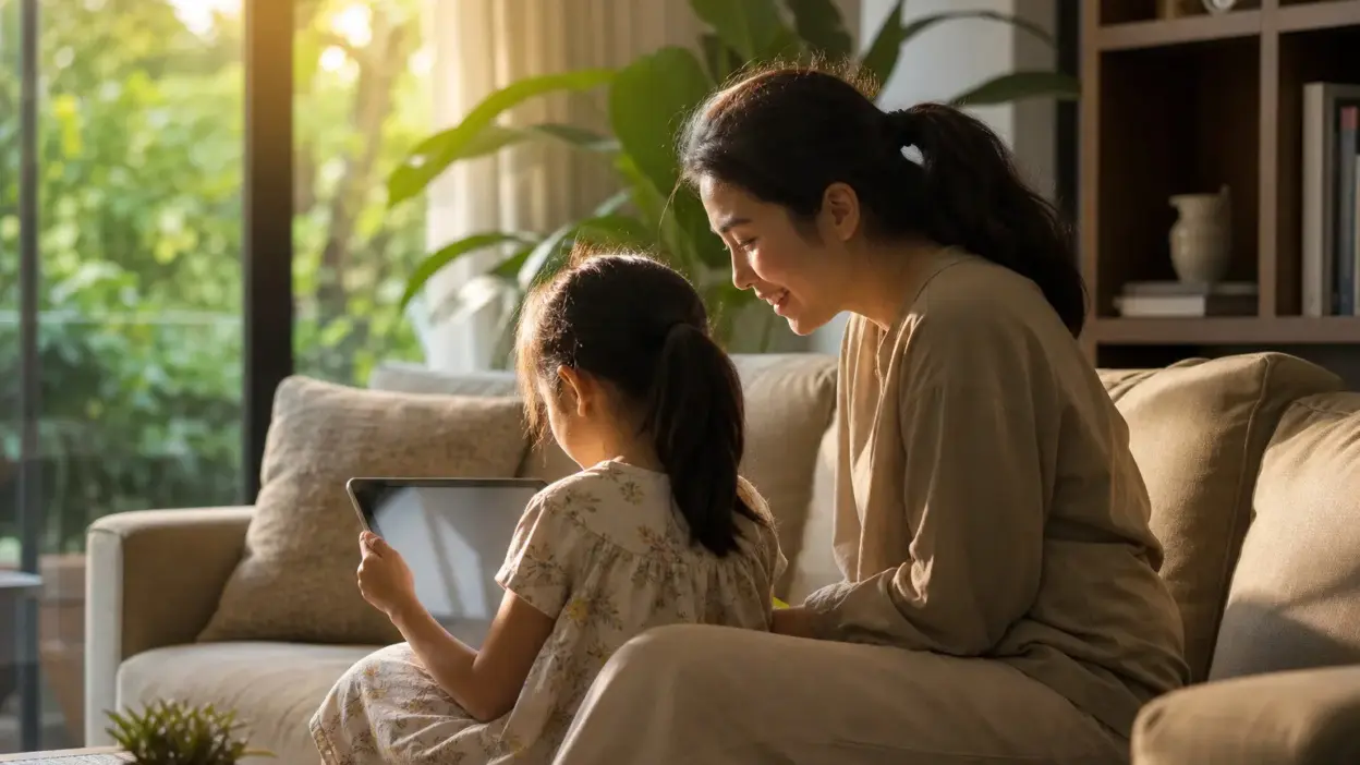 Orang tua mengobrol hangat dengan anak yang memegang tablet untuk menyeimbangkan screen time dan kedekatan emosional di rumah