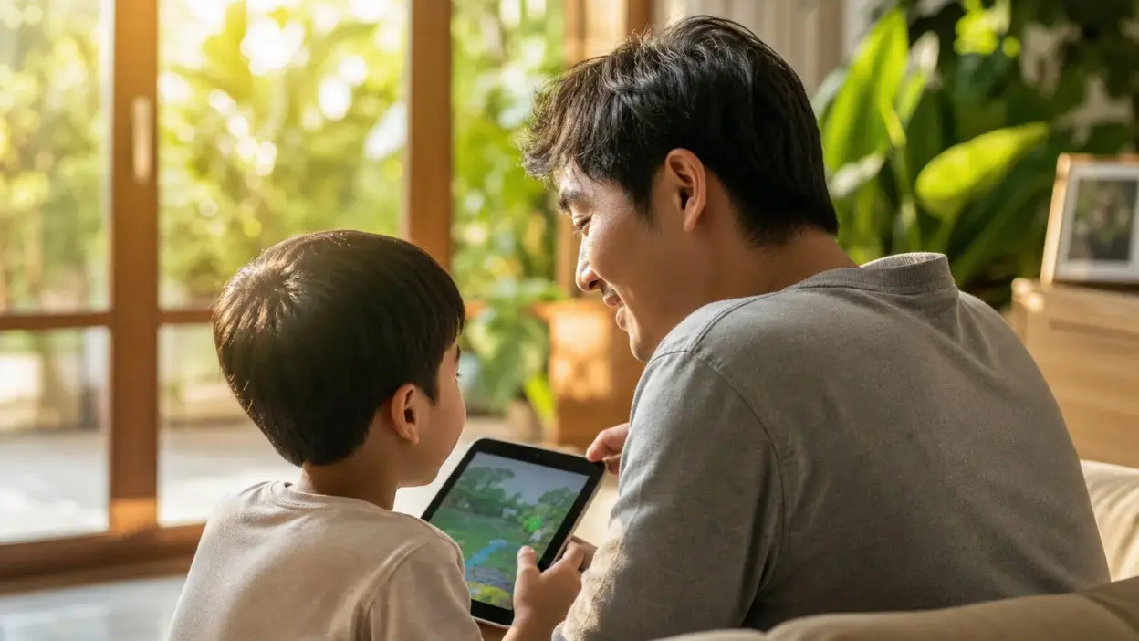 Orang tua dan anak berdiskusi bersama tentang aturan screen time anak di ruang keluarga yang hangat
