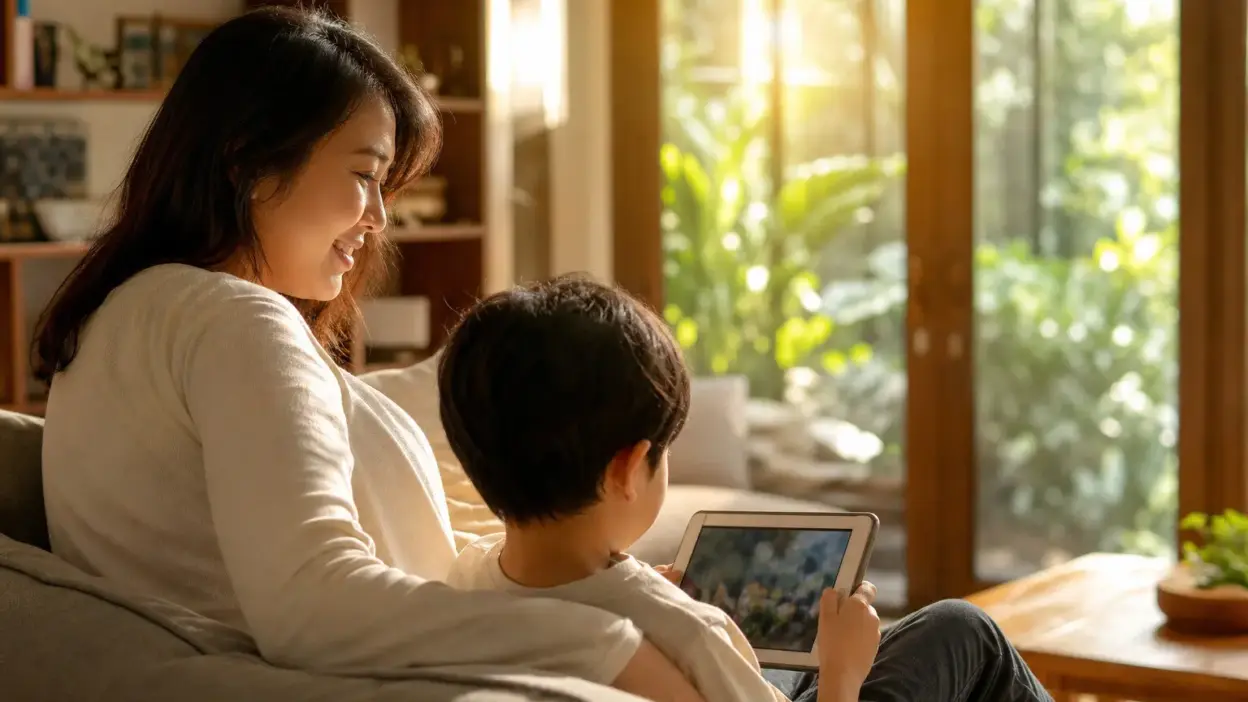 Orang tua berdiskusi hangat dengan anak remaja tentang screen time dan pergaulan di era digital