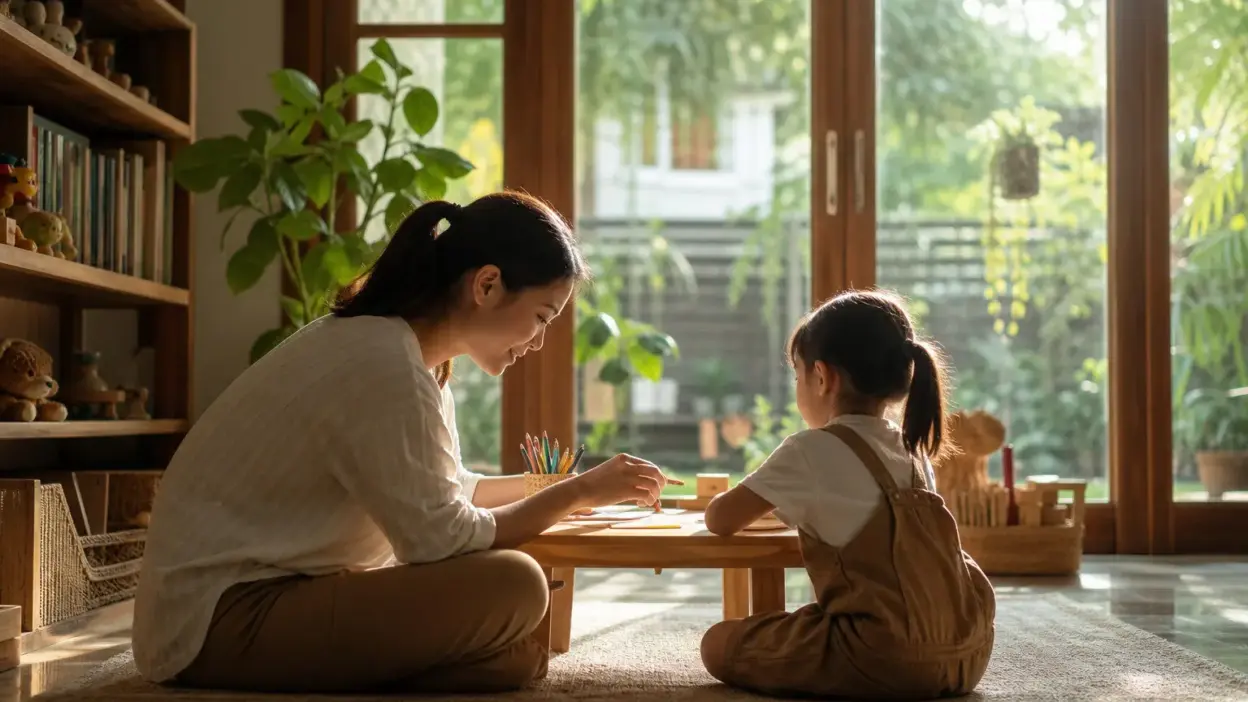 Ibu dan anak menyiapkan tas sekolah sebagai persiapan masuk taman kanak kanak untuk belajar emosi dan kemandirian