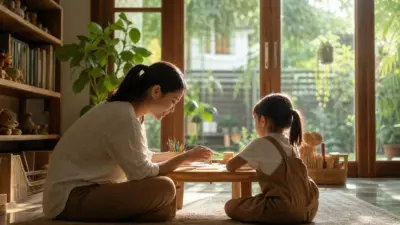 Ibu dan anak menyiapkan tas sekolah sebagai persiapan masuk taman kanak kanak untuk belajar emosi dan kemandirian
