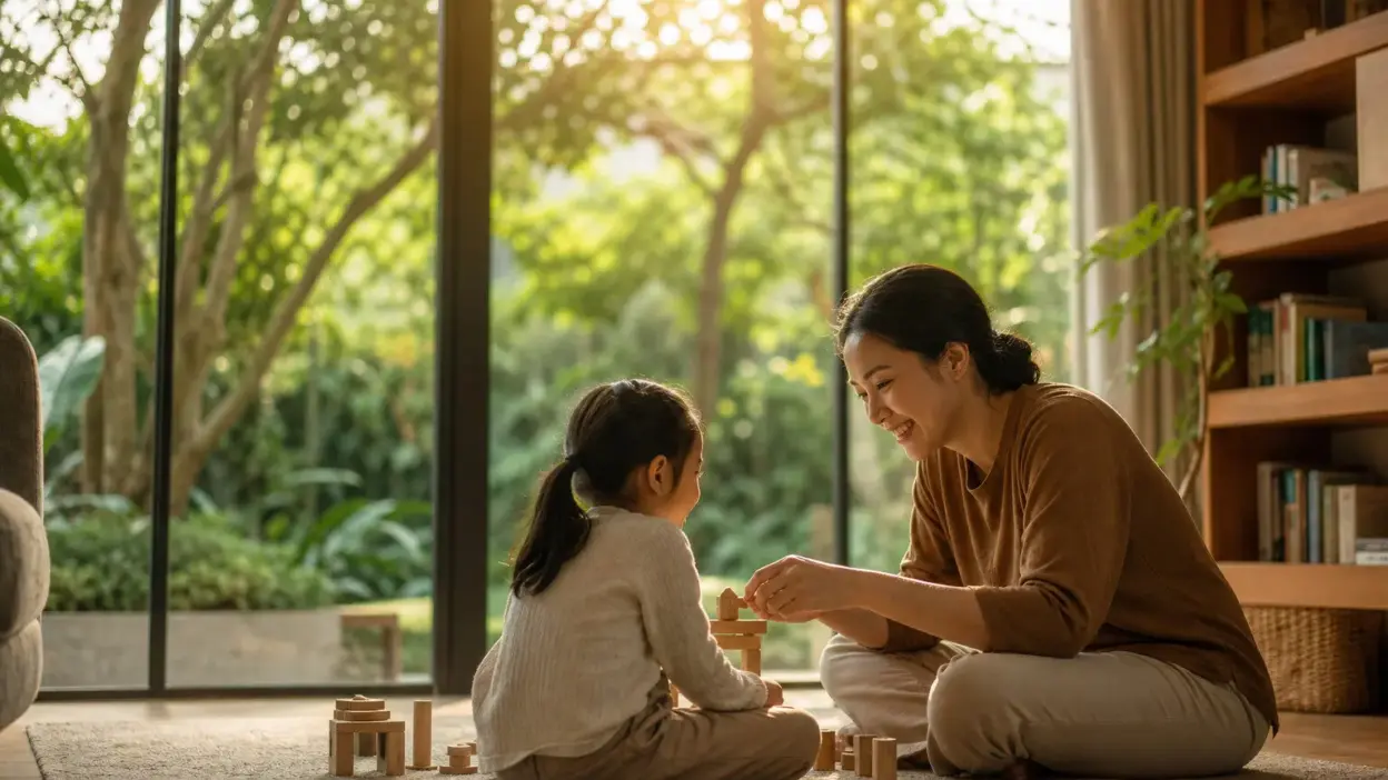 Orang tua mendampingi anak belajar mengelola emosi di era digital di ruang keluarga yang hangat