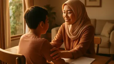 Orang tua berdiskusi hangat dengan anak pra-remaja di ruang keluarga yang rapi sebagai dukungan tumbuh kembang anak menuju remaja