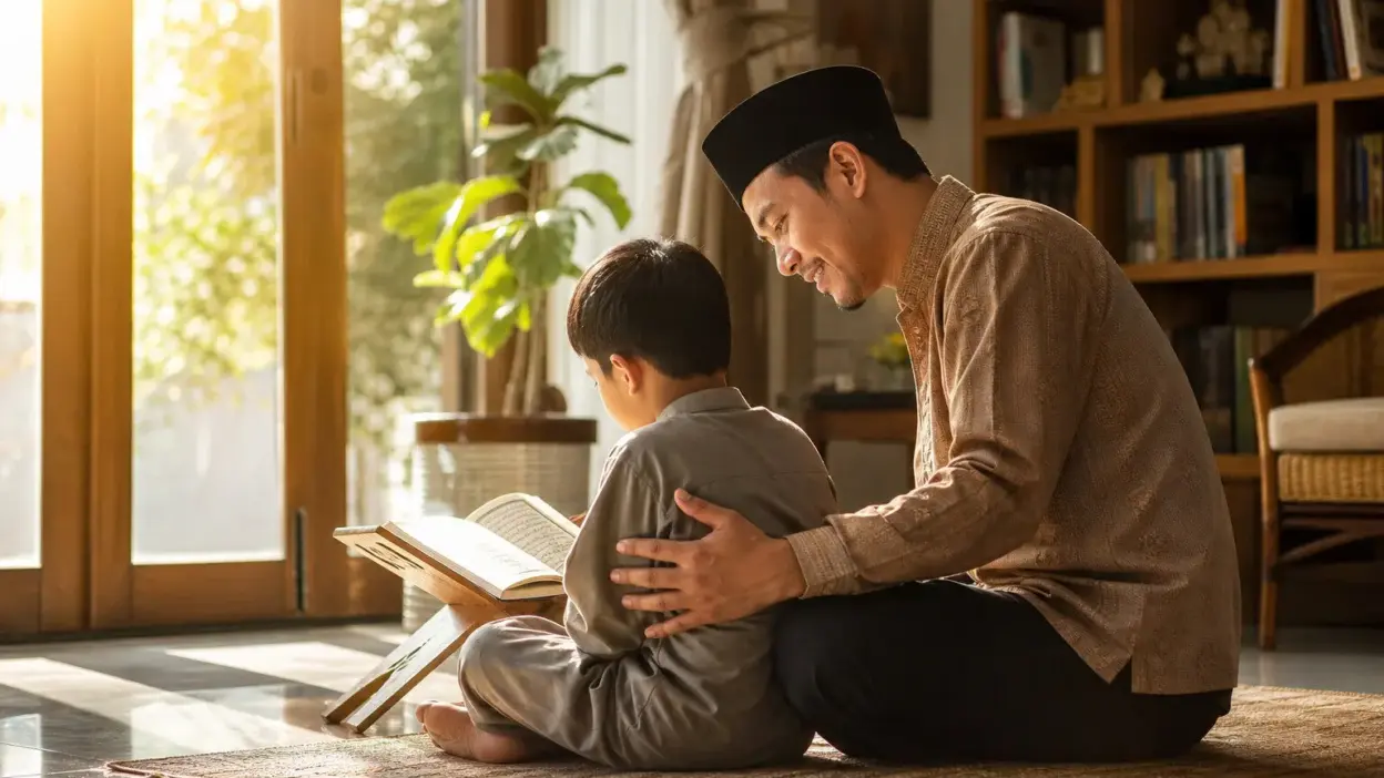 Orang tua mendampingi anak berbincang hangat setelah mengikuti pendidikan keagamaan untuk mendukung tumbuh kembang anak