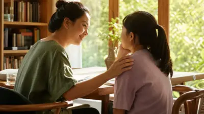 Orang tua mendampingi anak remaja belajar dan berdiskusi tentang prestasi sekolah dengan suasana hangat dan tenang