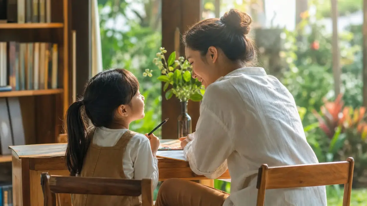 Orang tua berdiskusi dengan anak tentang pilihan sekolah yang ramah emosi untuk mendukung tumbuh kembang anak